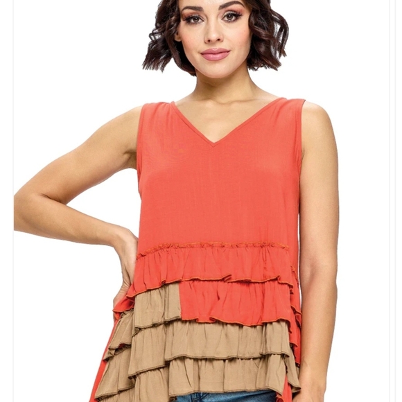 Yak N Yeti Tops - Yxxx NWT Yak & YETI Tiered Ruffled Colorblock Tank Top Sm Md Lg Coral Tan V-Neck